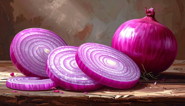 Vibrant Still Life of Sliced and Whole Red Onions on Wooden Surface.