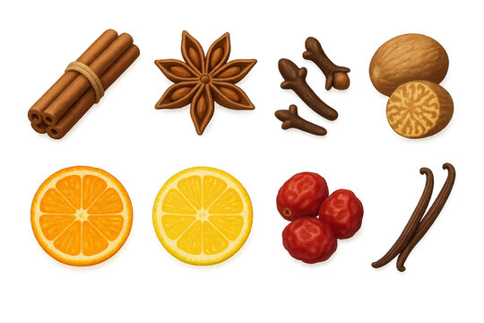 Variety of Spices and Fruits arranged in a colorful display for seasonal cooking and baking