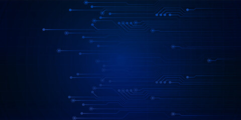 Abstract AI circuit board background. Technology connected blue lines with electronics elements on tech bg. Computer motherboard with a chip, processor, and semiconductor.