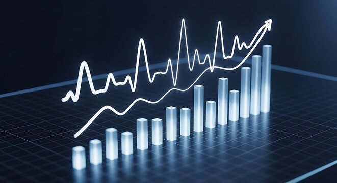 Glowing upward trend graph with bar chart and heartbeat line