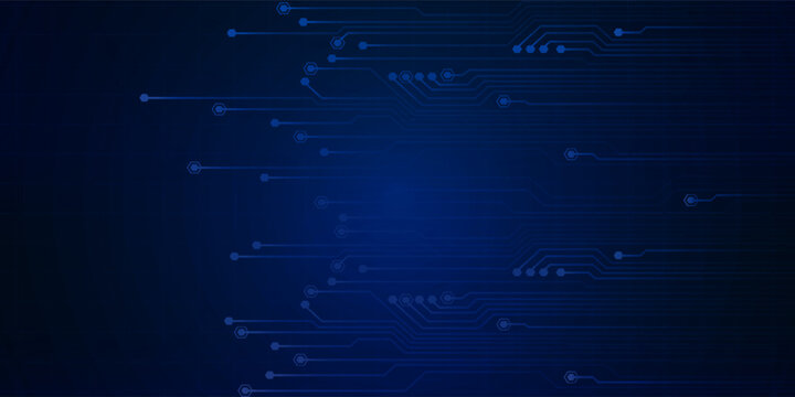 Abstract AI circuit board background. Technology connected blue lines with electronics elements on tech bg. Computer motherboard with a chip, processor, and semiconductor.