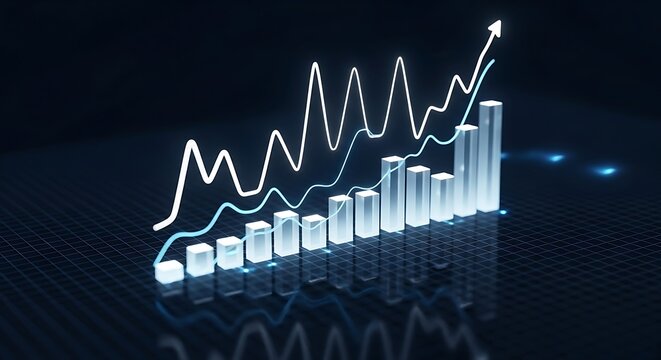 Glowing blue bar chart and line graph showing upward trend