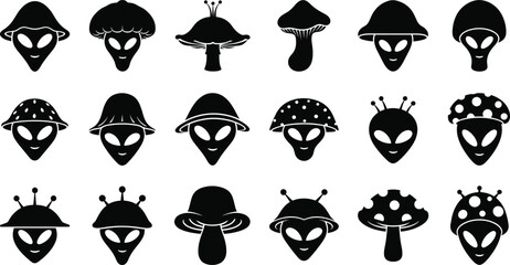 Alien mushroom silhouettes, hybrid creature icons, black and white vector, sci-fi fantasy design, surreal character set, imaginative concept illustration