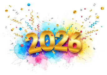 Fototapeta premium Golden 2026 numerals bursting with colorful abstract paint and confetti isolated on transparent background