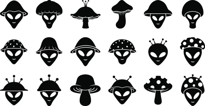 Alien mushroom silhouettes, hybrid creature icons, black and white vector, sci-fi fantasy design, surreal character set, imaginative concept illustration