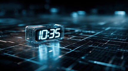 Modern Digital Alarm Clock Displaying Time 10:35 on Futuristic Technology Background with Neon Glow and Abstract Circuit Pattern in Dark Environment