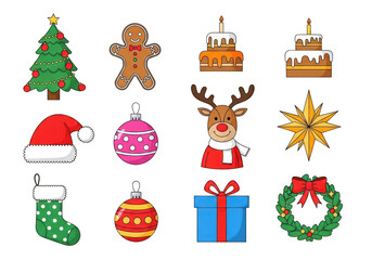 Collection of christmas icons and symbols isolated on transparent background