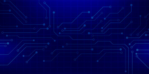 Obraz premium Abstract AI circuit board background. Technology connected blue lines with electronics elements on tech bg. Computer motherboard with a chip, processor, and semiconductor.