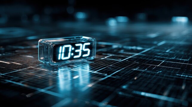 Modern Digital Alarm Clock Displaying Time 10:35 on Futuristic Technology Background with Neon Glow and Abstract Circuit Pattern in Dark Environment