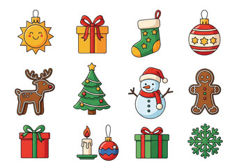 Collection of christmas icons and symbols isolated on transparent background