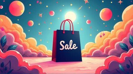 A vibrant illustration of a shopping bag with 'Sale' text, set against a whimsical cosmic background filled with colorful planets and clouds.