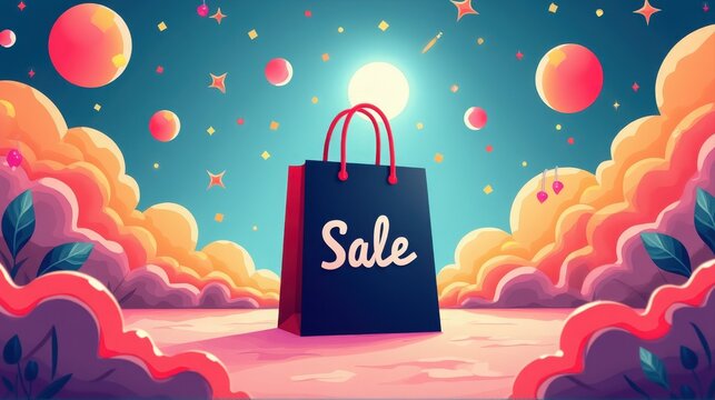 A vibrant illustration of a shopping bag with 'Sale' text, set against a whimsical cosmic background filled with colorful planets and clouds.