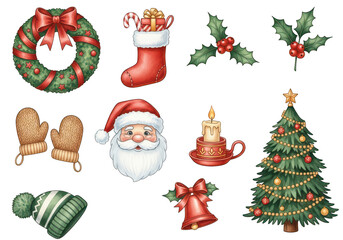Collection of christmas elements including santa, tree, wreath, stocking, mittens, and hat isolated on transparent background