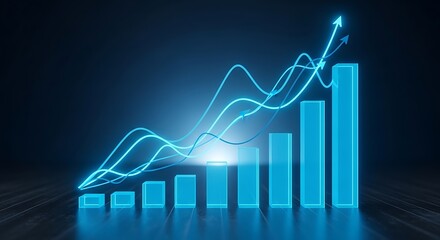 Glowing blue bar chart and line graph showing upward trend