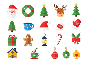 Collection of christmas icons and symbols isolated on transparent background