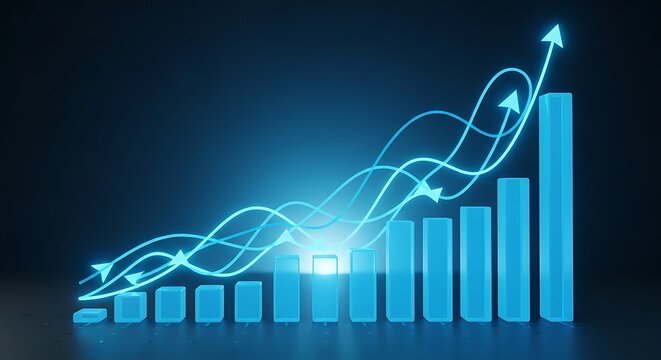 Glowing blue bar chart with upward trend line and arrows