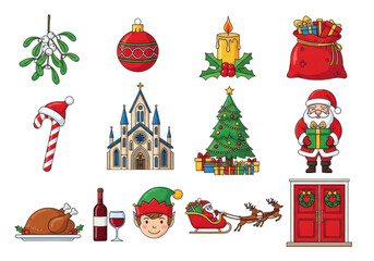Collection of christmas icons and symbols isolated on transparent background