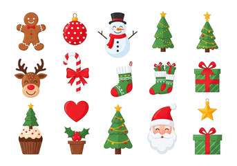 Collection of christmas icons and symbols isolated on transparent background