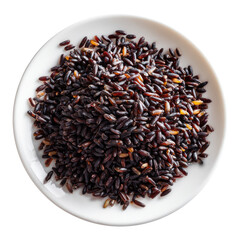 Plate filled with uncooked black rice, viewed from above
