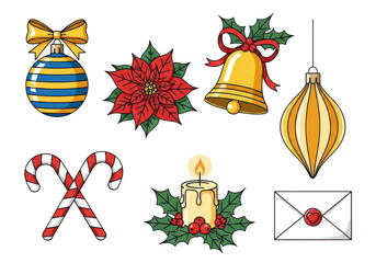 Collection of christmas ornaments and symbols isolated on transparent background