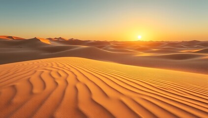 Golden Desert Sunset Captivating Sand Dunes and Sun-Kissed Horizon at Dusk