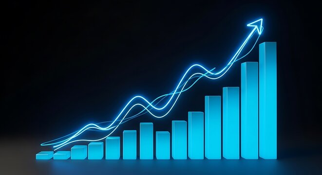 Glowing blue line graph with rising bars on black background