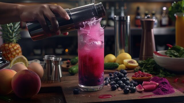 Bartender Pouring Pink Fruit Cocktail in Tall Glass with Fresh Fruits and Bar Equipment in Background