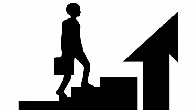 Ambitious professional climbing steps toward success, illustrated as upward arrow, symbolizing career advancement, growth, and achievement in business