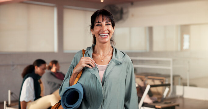 Portrait, woman and personal trainer with smile for pilates, fitness pride and session. Happy, female person and confident for exercise course, training support and join us with wellness membership - Powered by Adobe