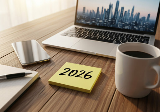 Modern workspace with laptop, smartphone, coffee, and sticky note with 2026, representing future business planning, career goals, and motivation for success. - Powered by Adobe