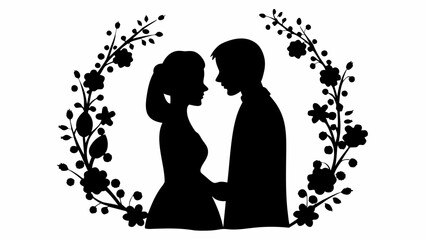 Elegant silhouette of a loving couple framed by delicate flowers perfect for wedding stationery, invitations, and romantic designs with a timeless touch
