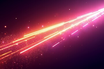 Vibrant neon streaks blaze across dark sky, glowing pink and orange trails dance through cosmic space, sparkling particles swirl around.