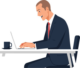 Business professional at laptop cartoon illustration, symbolic digital focus and expressive remote productivity artwork for design and education