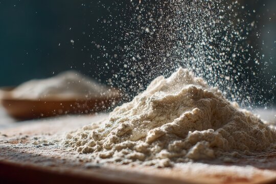 Flour preparation for baking in a warm kitchen with soft natural light showcasing the texture and dust of the flour before mixing - Powered by Adobe