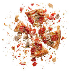 Flying pizza slices with toppings, against black