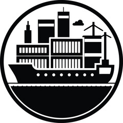 Naklejka premium Modern container ship and port crane icon for logistics and shipping