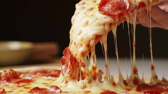 Slice of pepperoni pizza pulled with melted cheese against a dark background, perfect for food ads