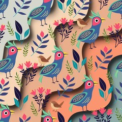 seamless pattern with birds and flowers