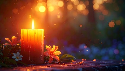 A close-up shot of a lit candle with melting wax, adorned with flowers, against a blurred, bokeh-filled backdrop