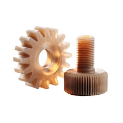 Beige gear and bolt; 3D printed precision parts