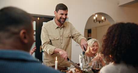 Christmas, serving or people in house with smile, bonding together or roast in festive celebration....