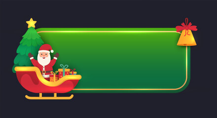 Christmas Banner with Santa Claus in Sleigh, Gifts, Christmas Tree, and Jingle Bell Ornaments – Green Banner with Elegant Gold Border Design