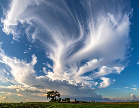 A vibrant photograph of a wispy cloud formation dominating a brilliant blue sky, a lone tree below