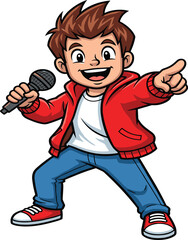 An enthusiastic cartoon boy, wearing a red jacket, performs while holding a microphone and pointing out, symbolizing energy, entertainment, and public speaking.