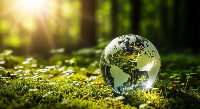 Glass globe on moss with sunbeams representing environmental awareness and sustainability a concept for ecology and conservation