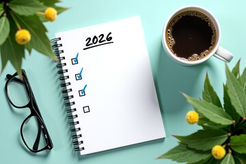 2026 goals checklist, coffee cup, glasses, greenery. Minimalist desk setup for productivity and planning ahead.