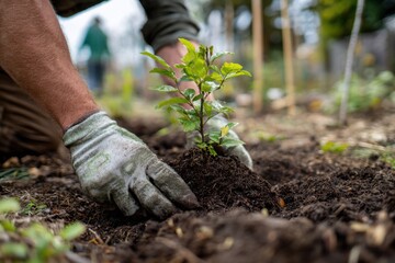 Community members planting young trees in a garden to promote environmental sustainability and enhance local green spaces