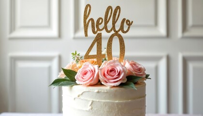 White celebration cake decorated with pink roses and a gold hello 40 topper. This elegant dessert marks a special fortieth birthday party or milestone event. Floral arrangement adds beauty.