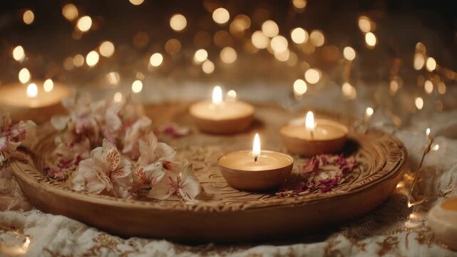 A wooden platter with candles, flowers, and warm lighting