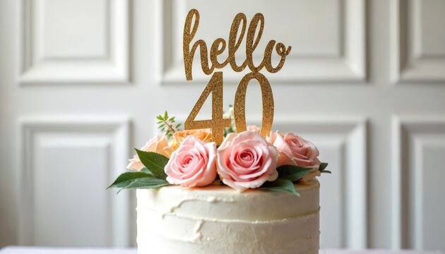 White celebration cake decorated with pink roses and a gold hello 40 topper. This elegant dessert marks a special fortieth birthday party or milestone event. Floral arrangement adds beauty.